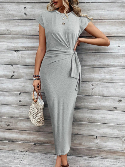 Women'S Solid Color / Striped / All over Print Knot Batwing Sleeve Dress, Casual Short Sleeve round Neck Long Dress, Ladies Clothes for Beach Holiday, Casual Everyday Wear