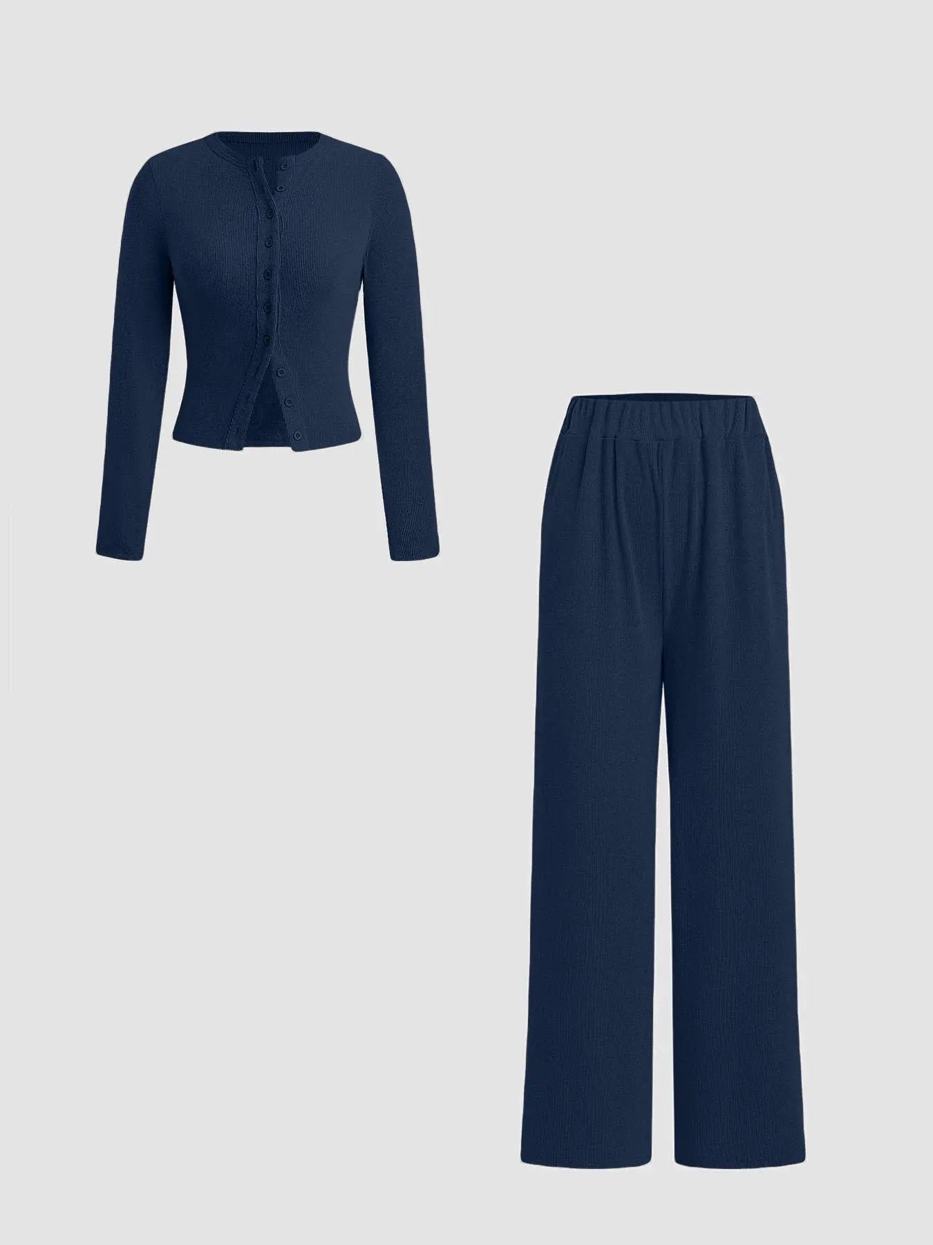Two-Piece Set Women'S Solid Button Front Ribbed Crop Top & Elastic Waist Pants, Casual Long Sleeve Outfits for Spring & Fall, Women'S Clothes for Daily Wear, Airport Outfit