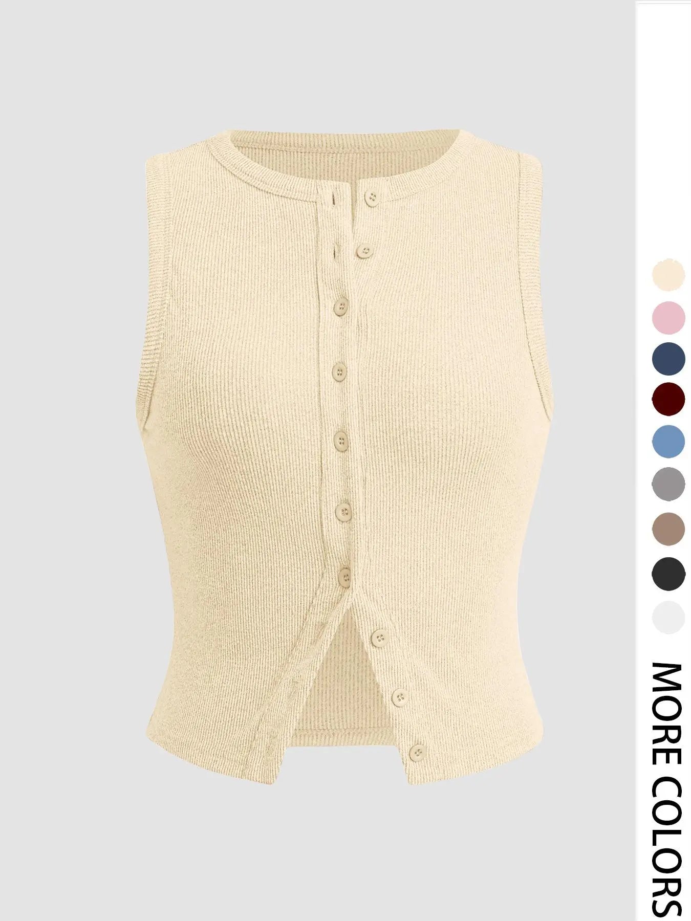 Women'S Plain Button Front Ribbed Crop Tank Top, Casual Sleeveless round Neck Top for Daily Wear, Ladies Clothes for All Seasons
