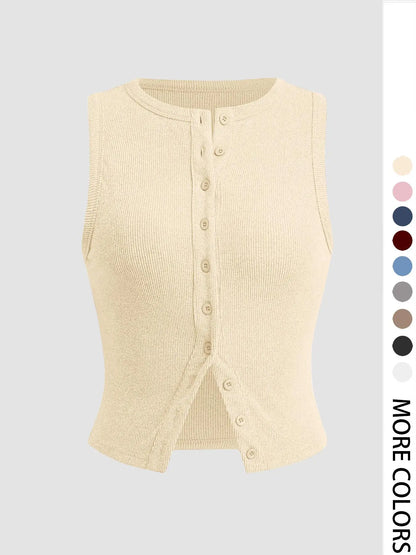 Women'S Plain Button Front Ribbed Crop Tank Top, Casual Sleeveless round Neck Top for Daily Wear, Ladies Clothes for All Seasons