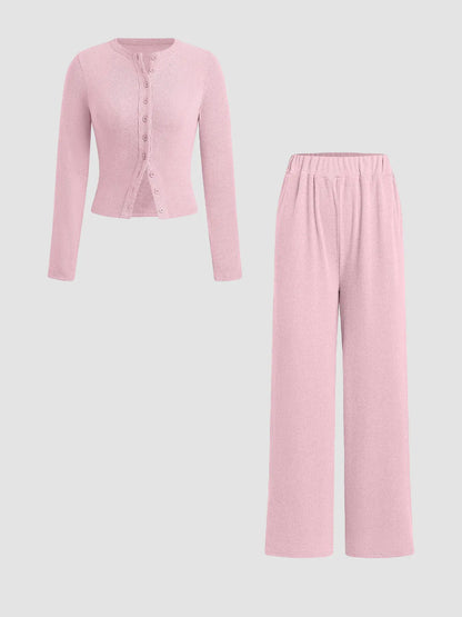Two-Piece Set Women'S Solid Button Front Ribbed Crop Top & Elastic Waist Pants, Casual Long Sleeve Outfits for Spring & Fall, Women'S Clothes for Daily Wear, Airport Outfit