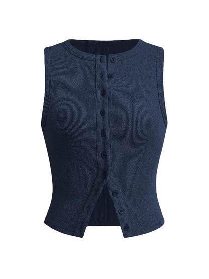 Women'S Plain Button Front Ribbed Crop Tank Top, Casual Sleeveless round Neck Top for Daily Wear, Ladies Clothes for All Seasons