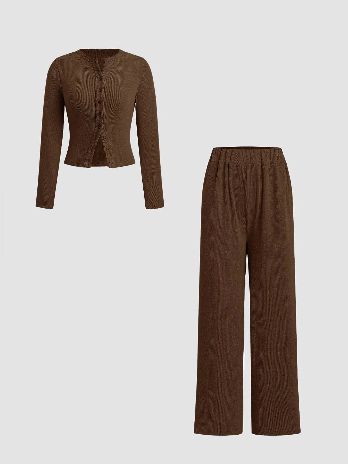 Two-Piece Set Women'S Solid Button Front Ribbed Crop Top & Elastic Waist Pants, Casual Long Sleeve Outfits for Spring & Fall, Women'S Clothes for Daily Wear, Airport Outfit