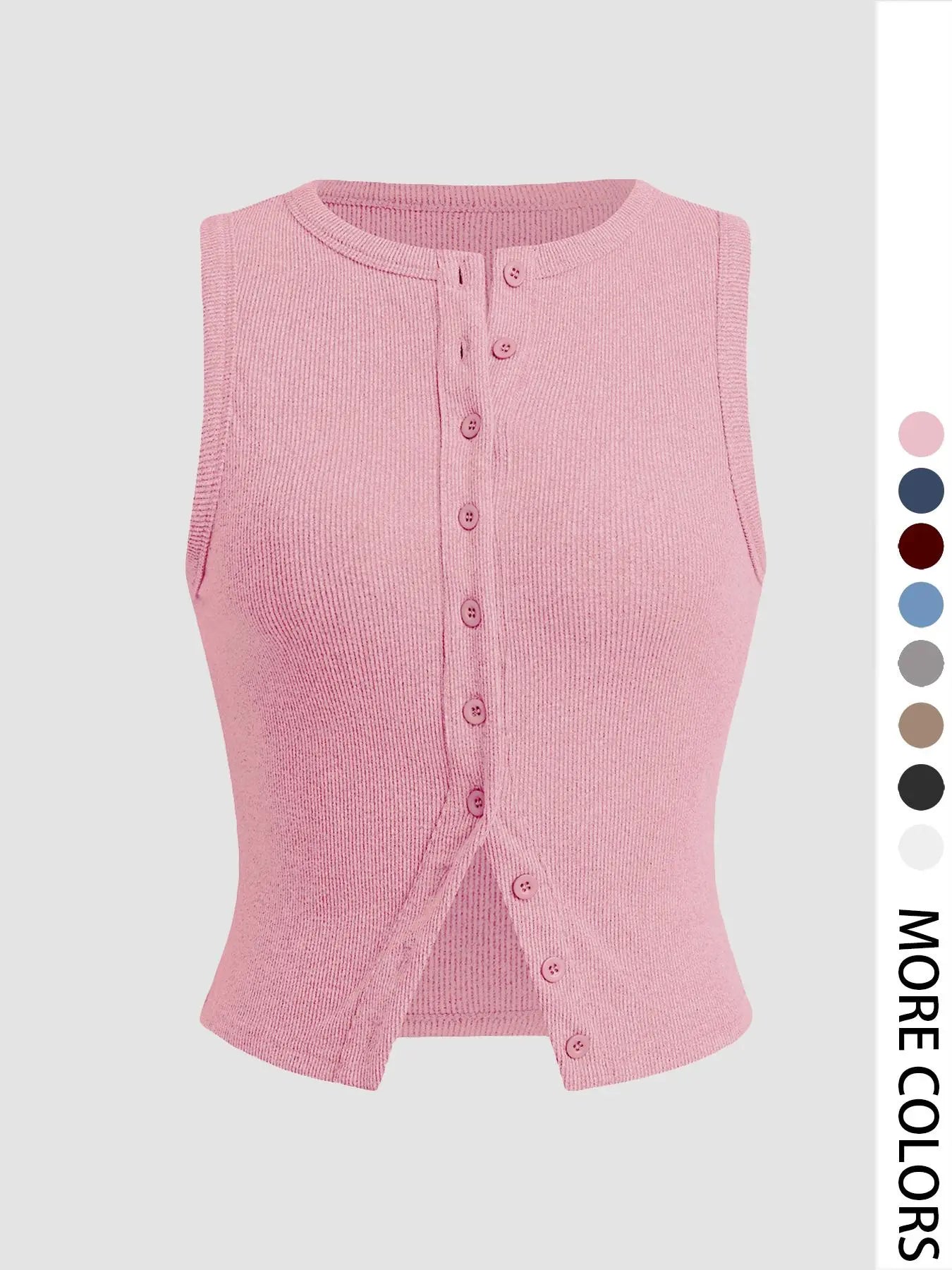 Women'S Plain Button Front Ribbed Crop Tank Top, Casual Sleeveless round Neck Top for Daily Wear, Ladies Clothes for All Seasons