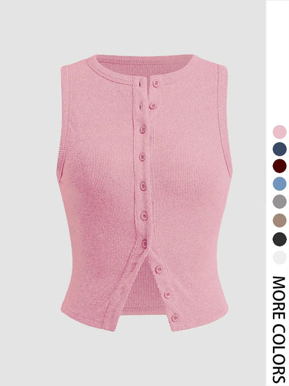 Women'S Plain Button Front Ribbed Crop Tank Top, Casual Sleeveless round Neck Top for Daily Wear, Ladies Clothes for All Seasons