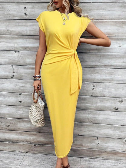 Women'S Solid Color / Striped / All over Print Knot Batwing Sleeve Dress, Casual Short Sleeve round Neck Long Dress, Ladies Clothes for Beach Holiday, Casual Everyday Wear