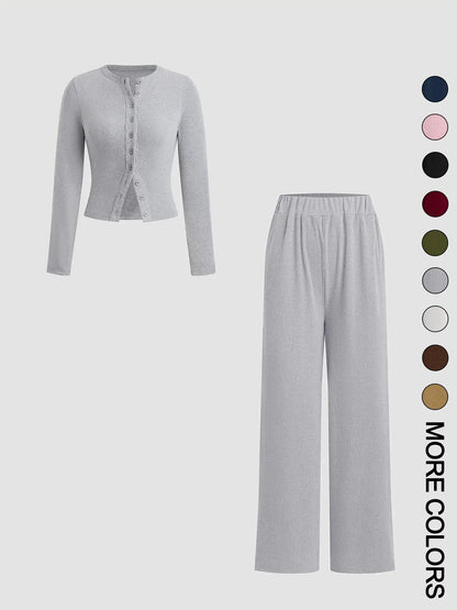 Two-Piece Set Women'S Solid Button Front Ribbed Crop Top & Elastic Waist Pants, Casual Long Sleeve Outfits for Spring & Fall, Women'S Clothes for Daily Wear, Airport Outfit