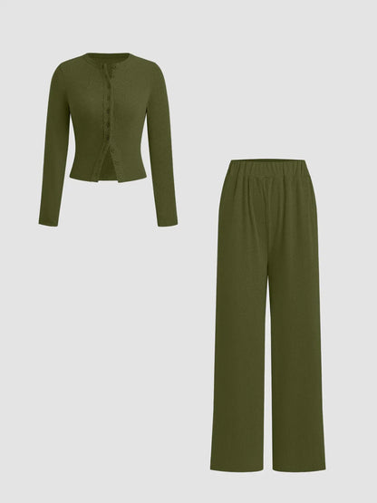 Two-Piece Set Women'S Solid Button Front Ribbed Crop Top & Elastic Waist Pants, Casual Long Sleeve Outfits for Spring & Fall, Women'S Clothes for Daily Wear, Airport Outfit