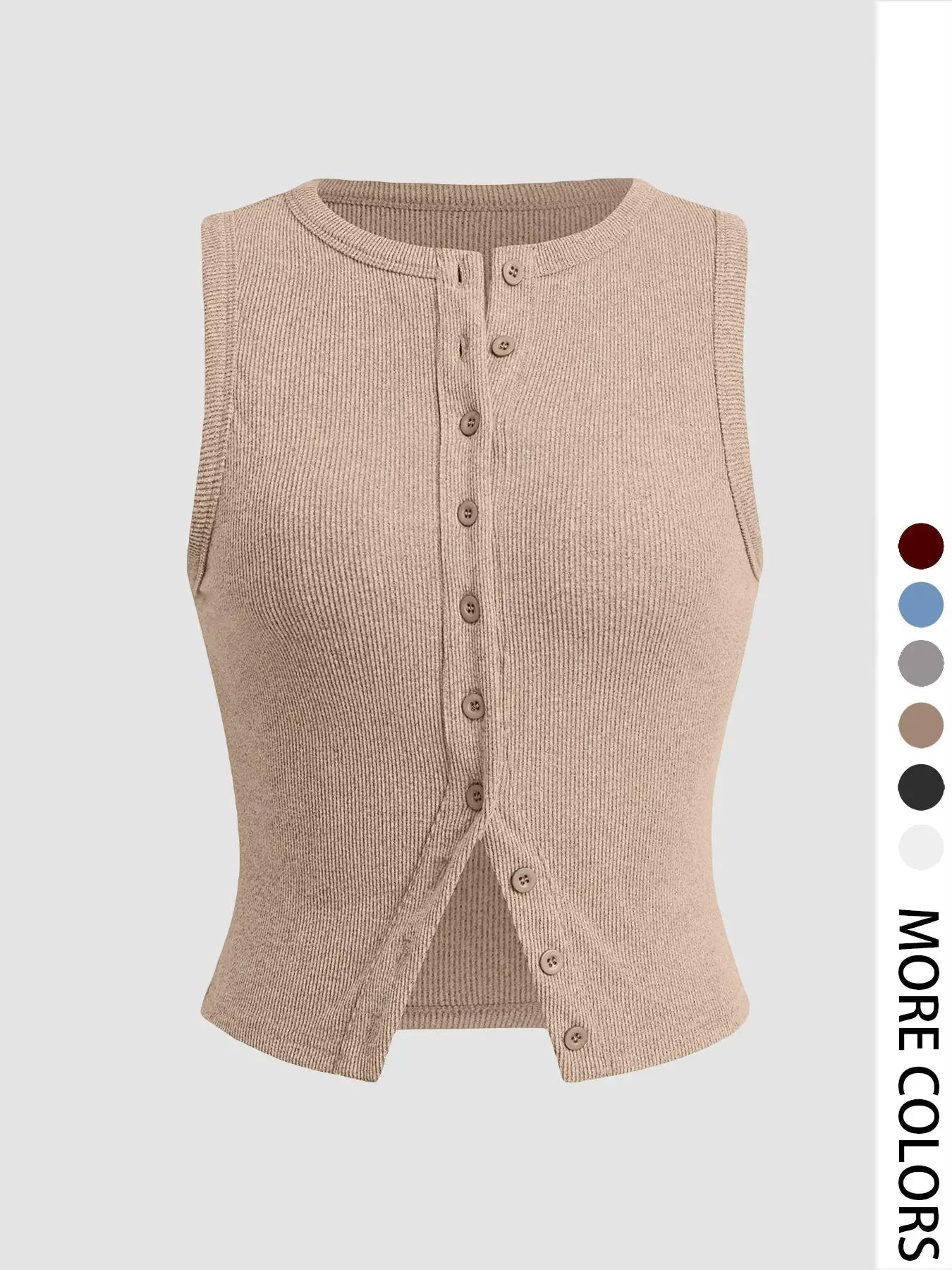 Women'S Plain Button Front Ribbed Crop Tank Top, Casual Sleeveless round Neck Top for Daily Wear, Ladies Clothes for All Seasons