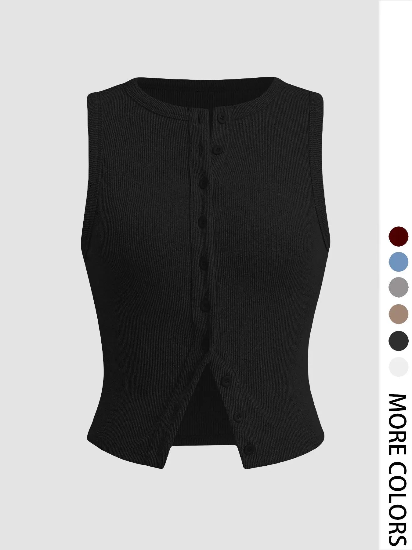 Women'S Plain Button Front Ribbed Crop Tank Top, Casual Sleeveless round Neck Top for Daily Wear, Ladies Clothes for All Seasons