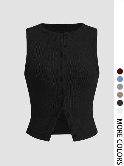 Women'S Plain Button Front Ribbed Crop Tank Top, Casual Sleeveless round Neck Top for Daily Wear, Ladies Clothes for All Seasons