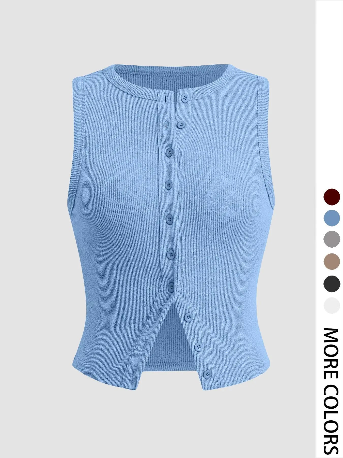 Women'S Plain Button Front Ribbed Crop Tank Top, Casual Sleeveless round Neck Top for Daily Wear, Ladies Clothes for All Seasons