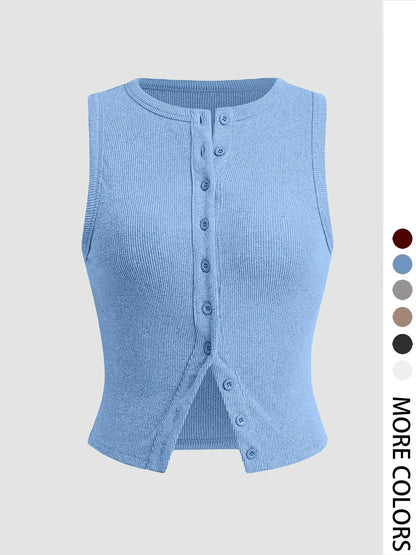 Women'S Plain Button Front Ribbed Crop Tank Top, Casual Sleeveless round Neck Top for Daily Wear, Ladies Clothes for All Seasons