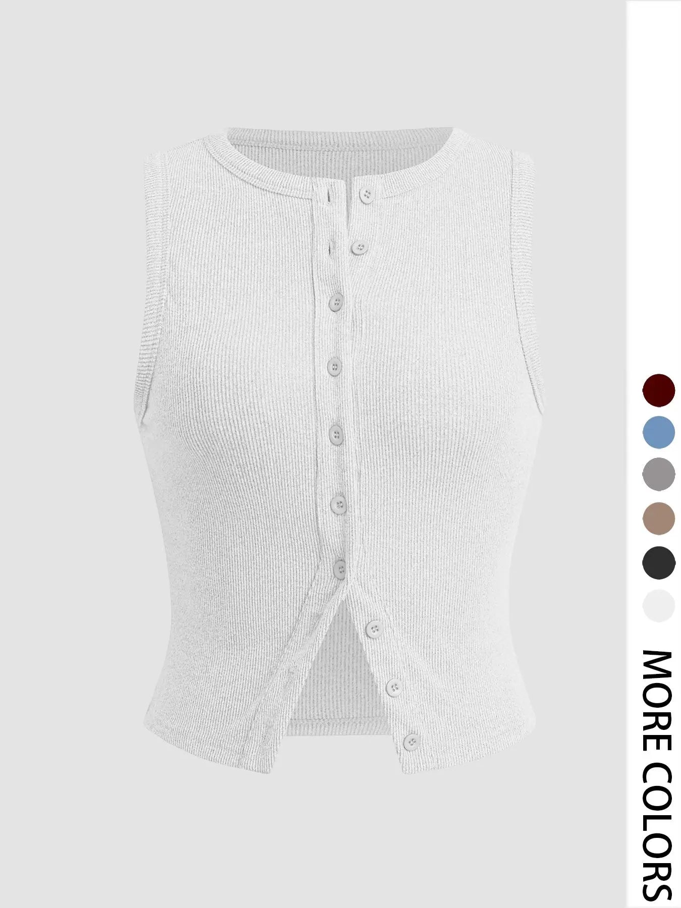 Women'S Plain Button Front Ribbed Crop Tank Top, Casual Sleeveless round Neck Top for Daily Wear, Ladies Clothes for All Seasons