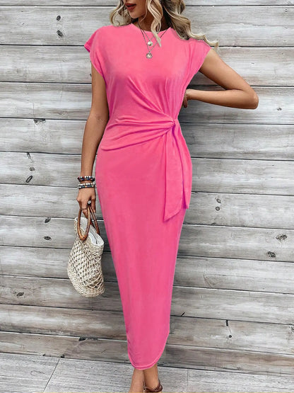 Women'S Solid Color / Striped / All over Print Knot Batwing Sleeve Dress, Casual Short Sleeve round Neck Long Dress, Ladies Clothes for Beach Holiday, Casual Everyday Wear