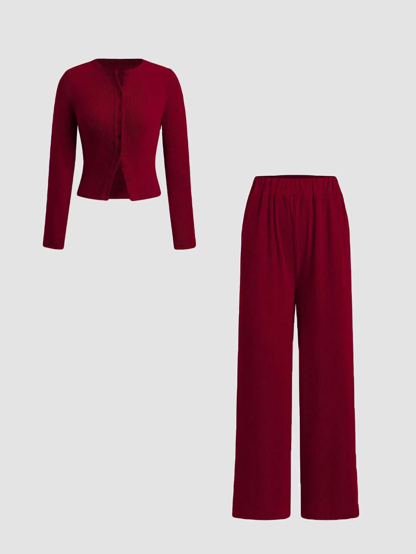 Two-Piece Set Women'S Solid Button Front Ribbed Crop Top & Elastic Waist Pants, Casual Long Sleeve Outfits for Spring & Fall, Women'S Clothes for Daily Wear, Airport Outfit