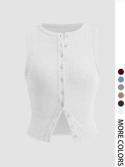 Women'S Plain Button Front Ribbed Crop Tank Top, Casual Sleeveless round Neck Top for Daily Wear, Ladies Clothes for All Seasons