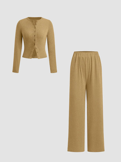 Two-Piece Set Women'S Solid Button Front Ribbed Crop Top & Elastic Waist Pants, Casual Long Sleeve Outfits for Spring & Fall, Women'S Clothes for Daily Wear, Airport Outfit
