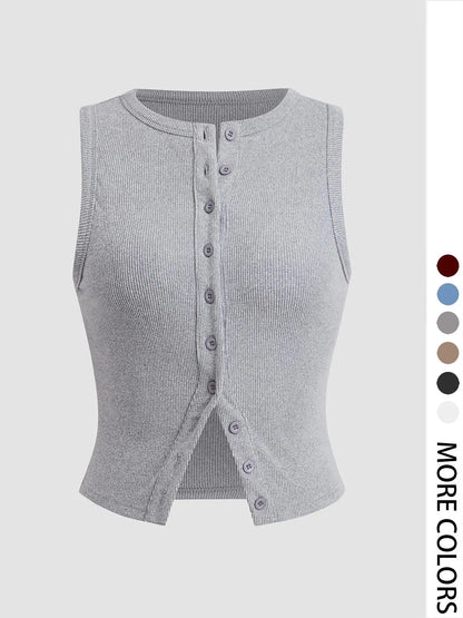 Women'S Plain Button Front Ribbed Crop Tank Top, Casual Sleeveless round Neck Top for Daily Wear, Ladies Clothes for All Seasons