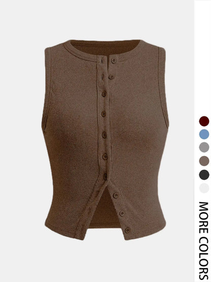 Women'S Plain Button Front Ribbed Crop Tank Top, Casual Sleeveless round Neck Top for Daily Wear, Ladies Clothes for All Seasons